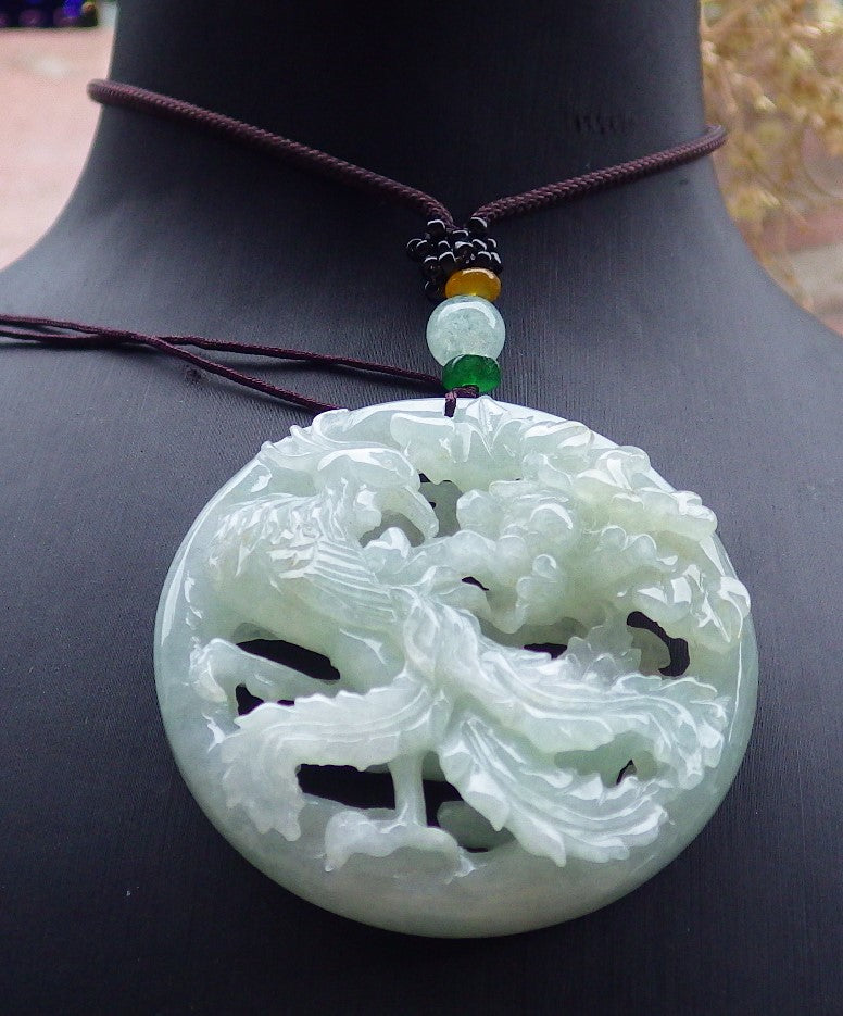 Certified Green Burma 100% Natural A Jade jadeite Pendant Phoenix Flower Necklace 凤凰 648079 TN