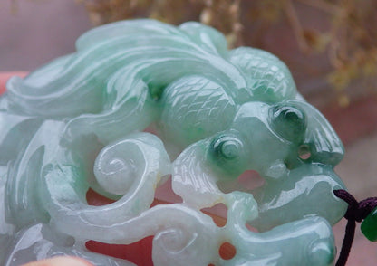 Certified Green Burma 100% Natural A Jade jadeite Pendant Frog Toad Gold Fish Necklace 招财蟾 648122 TN