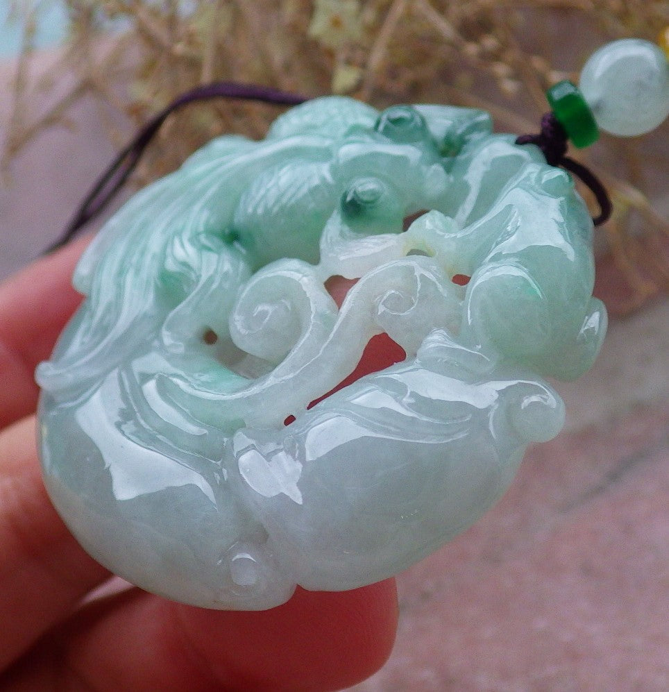 Certified Green Burma 100% Natural A Jade jadeite Pendant Frog Toad Gold Fish Necklace 招财蟾 648122 TN