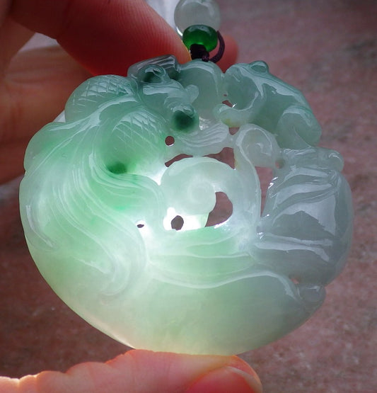 Certified Green Burma 100% Natural A Jade jadeite Pendant Frog Toad Gold Fish Necklace 招财蟾 648122 TN