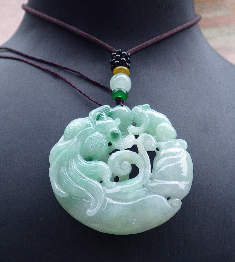 Certified Green Burma 100% Natural A Jade jadeite Pendant Frog Toad Gold Fish Necklace 招财蟾 648122 TN