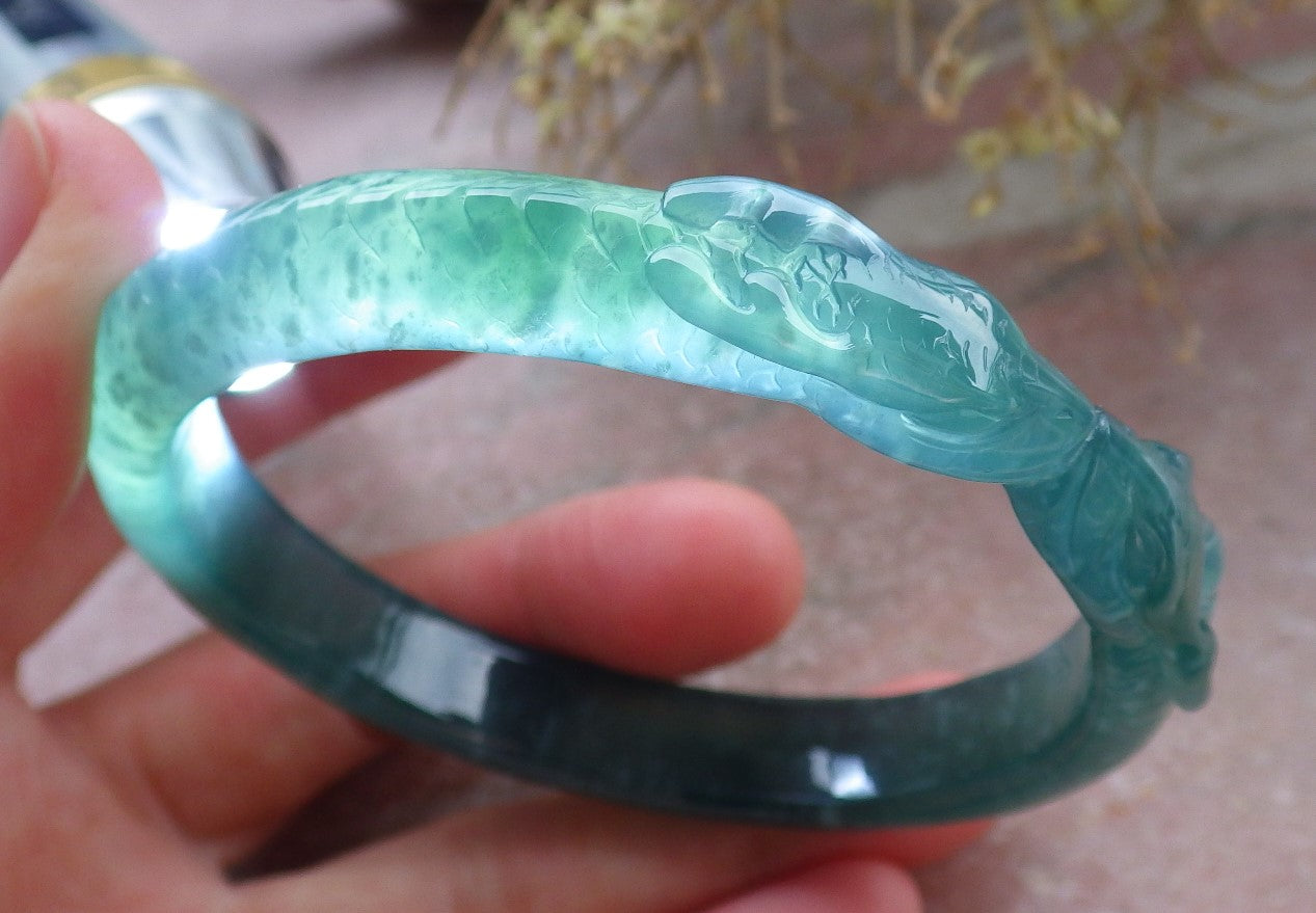 Certified Icy Green Burma 100% Natural A JADE Jadeite Snake Bangle Bracelet 58 mm 手镯 648175 TN