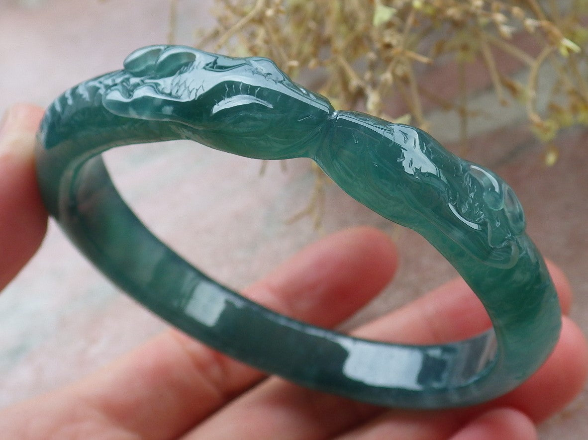 Certified Icy Green Burma 100% Natural A JADE Jadeite Snake Bangle Bracelet 58 mm 手镯 648175 TN