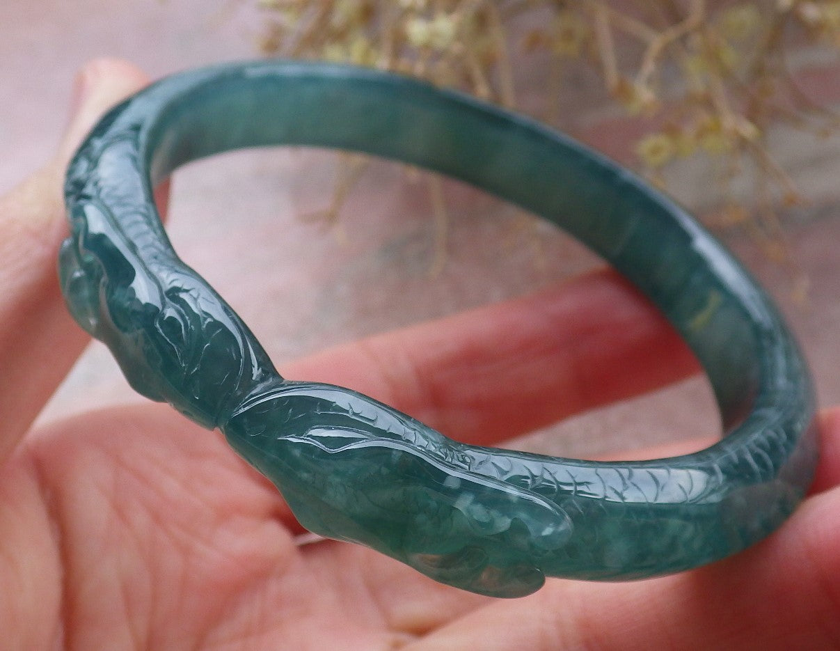 Certified Icy Green Burma 100% Natural A JADE Jadeite Snake Bangle Bracelet 58 mm 手镯 648175 TN