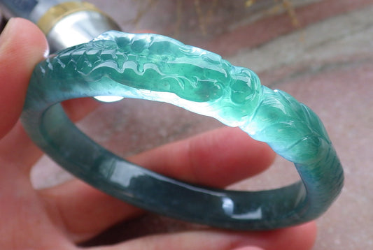 Certified Icy Green Burma 100% Natural A JADE Jadeite Dragon Bangle Bracelet 58 mm 手镯 648192 TN