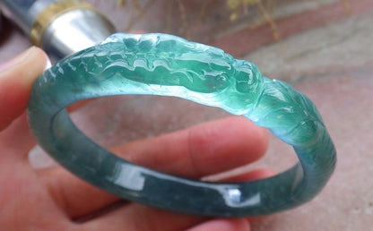 Certified Icy Green Burma 100% Natural A JADE Jadeite Dragon Bangle Bracelet 58 mm 手镯 648192 TN