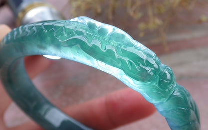 Certified Icy Green Burma 100% Natural A JADE Jadeite Dragon Bangle Bracelet 58 mm 手镯 648192 TN