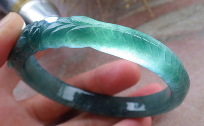 Certified Icy Green Burma 100% Natural A JADE Jadeite Dragon Bangle Bracelet 58 mm 手镯 648192 TN