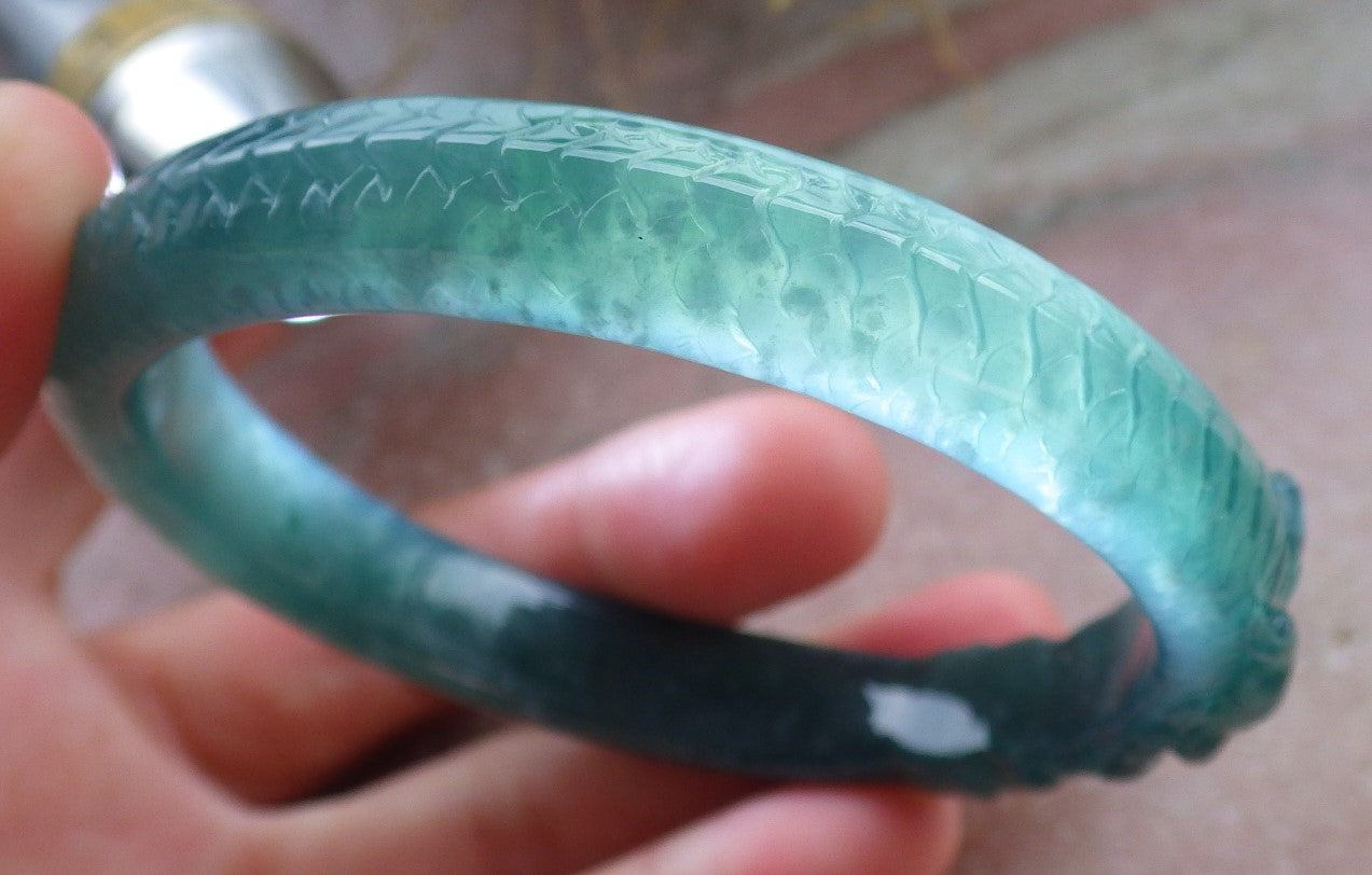 Certified Icy Green Burma 100% Natural A JADE Jadeite Dragon Bangle Bracelet 58 mm 手镯 648192 TN
