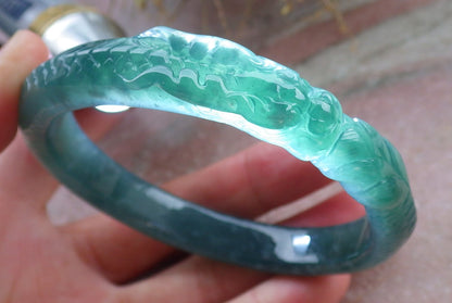 Certified Icy Green Burma 100% Natural A JADE Jadeite Dragon Bangle Bracelet 58 mm 手镯 648192 TN
