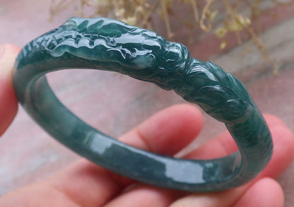Certified Icy Green Burma 100% Natural A JADE Jadeite Dragon Bangle Bracelet 58 mm 手镯 648192 TN
