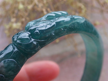 Certified Icy Green Burma 100% Natural A JADE Jadeite Dragon Bangle Bracelet 58 mm 手镯 648192 TN
