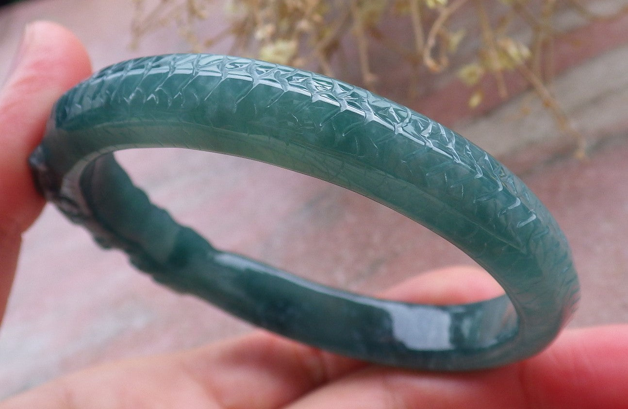 Certified Icy Green Burma 100% Natural A JADE Jadeite Dragon Bangle Bracelet 58 mm 手镯 648192 TN