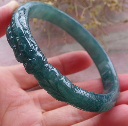 Certified Icy Green Burma 100% Natural A JADE Jadeite Dragon Bangle Bracelet 58 mm 手镯 648192 TN