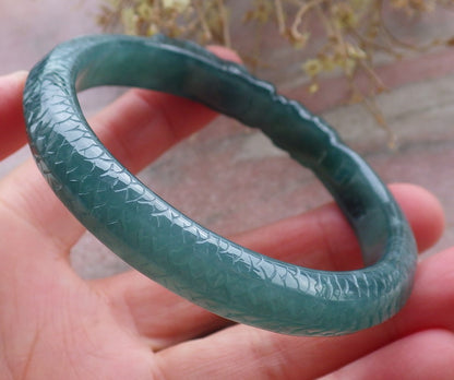 Certified Icy Green Burma 100% Natural A JADE Jadeite Dragon Bangle Bracelet 58 mm 手镯 648192 TN