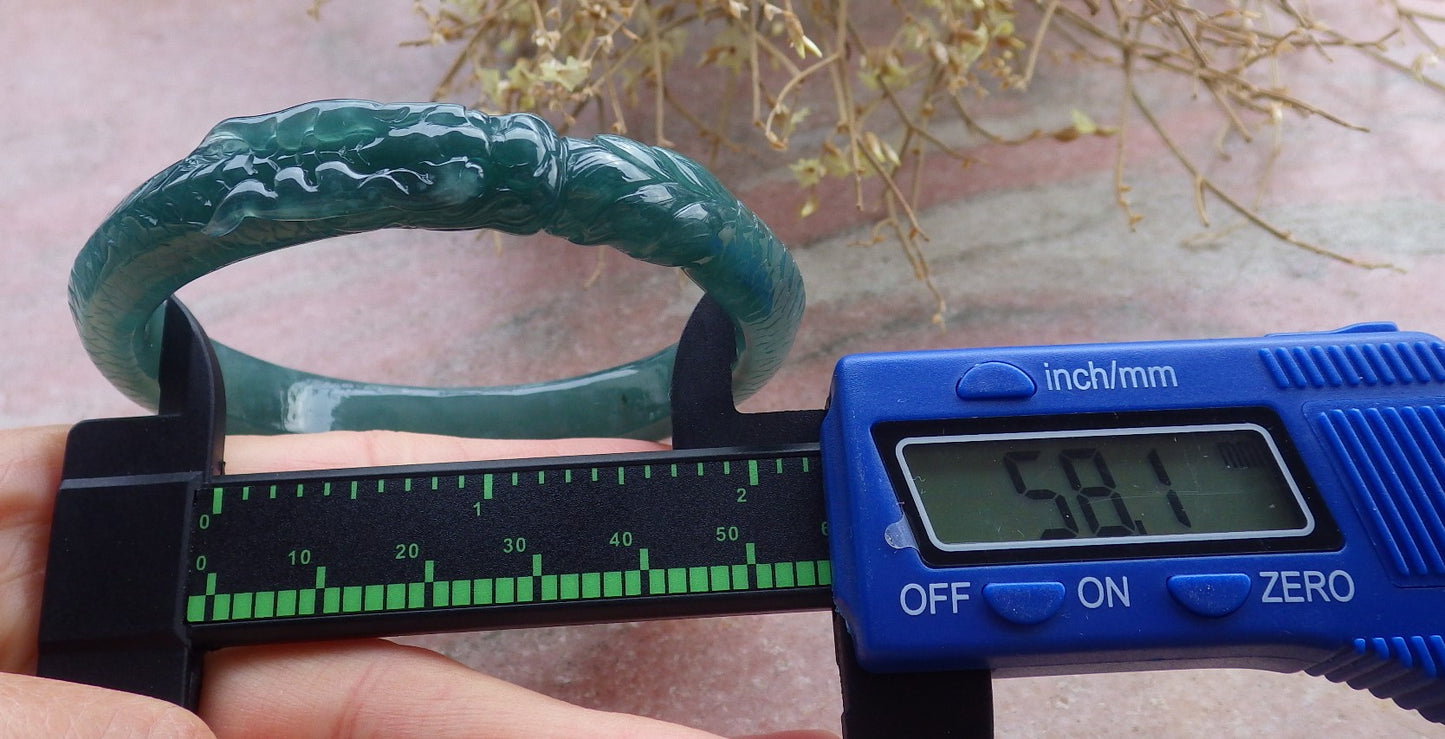 Certified Icy Green Burma 100% Natural A JADE Jadeite Dragon Bangle Bracelet 58 mm 手镯 648192 TN