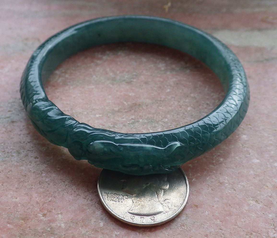 Certified Icy Green Burma 100% Natural A JADE Jadeite Dragon Bangle Bracelet 58 mm 手镯 648192 TN