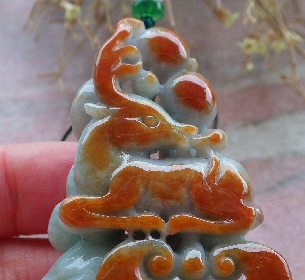 Certified Red Green Burma 100% Natural A Jade jadeite Pendant  Deer Peach Ruyi Necklace 梅花鹿 648208 TN