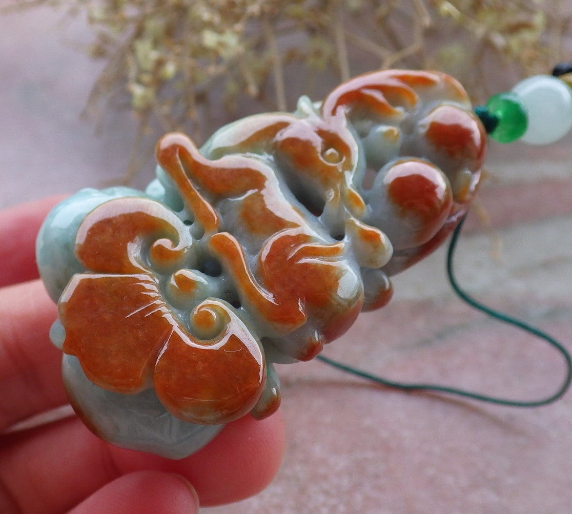 Certified Red Green Burma 100% Natural A Jade jadeite Pendant  Deer Peach Ruyi Necklace 梅花鹿 648208 TN