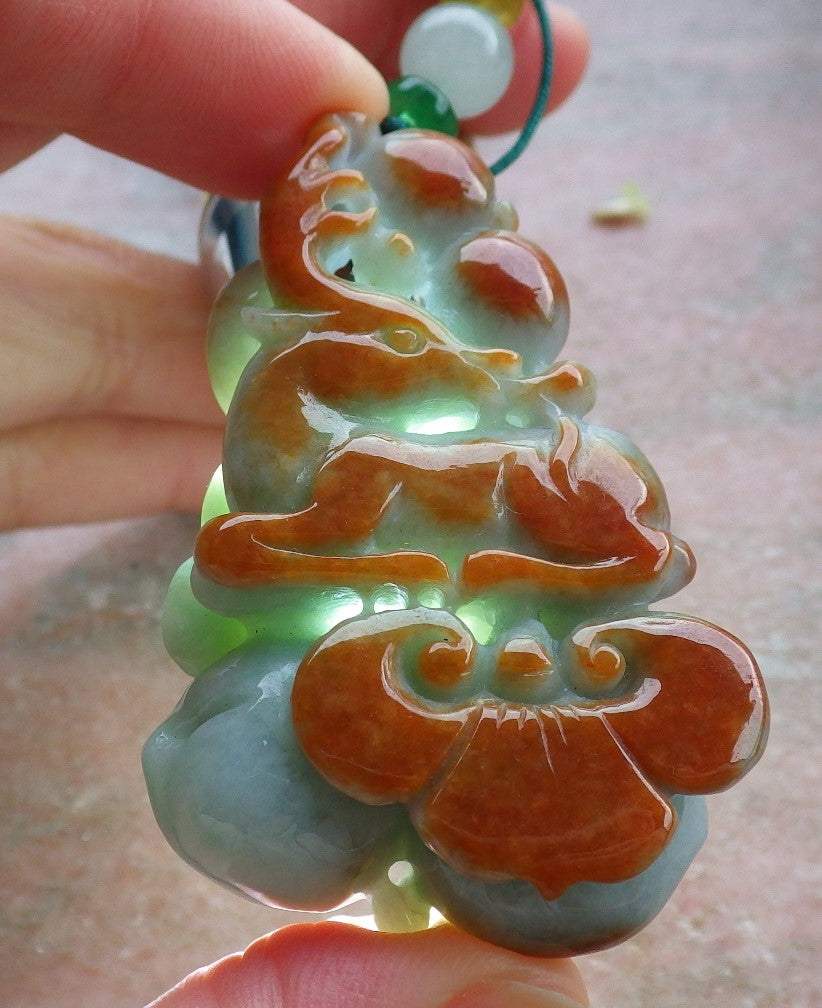 Certified Red Green Burma 100% Natural A Jade jadeite Pendant  Deer Peach Ruyi Necklace 梅花鹿 648208 TN