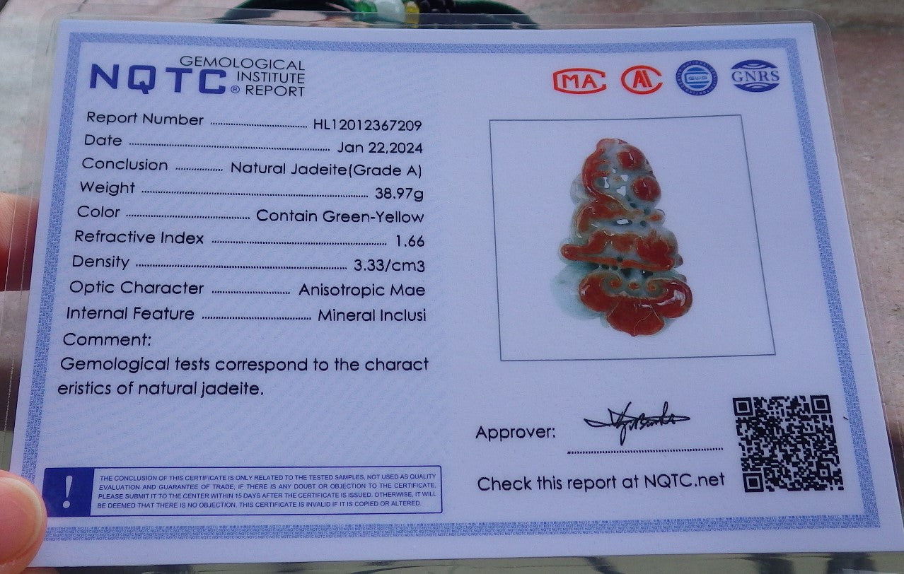 Certified Red Green Burma 100% Natural A Jade jadeite Pendant  Deer Peach Ruyi Necklace 梅花鹿 648208 TN