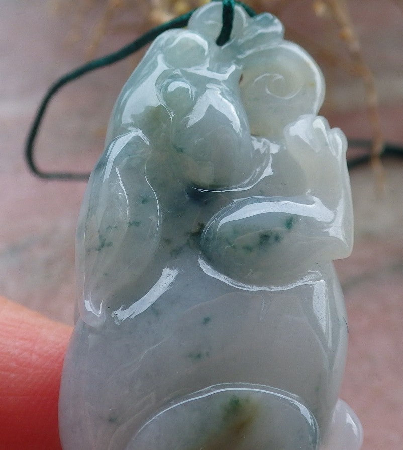 Certified Green Burma 100% Natural A Jade jadeite Pendant Rabbit Ruyi Bead Necklace 兔子 648216 TN