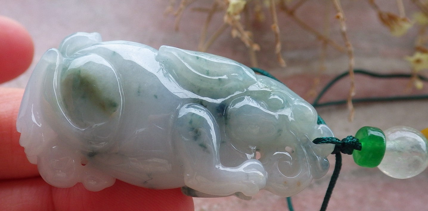 Certified Green Burma 100% Natural A Jade jadeite Pendant Rabbit Ruyi Bead Necklace 兔子 648216 TN
