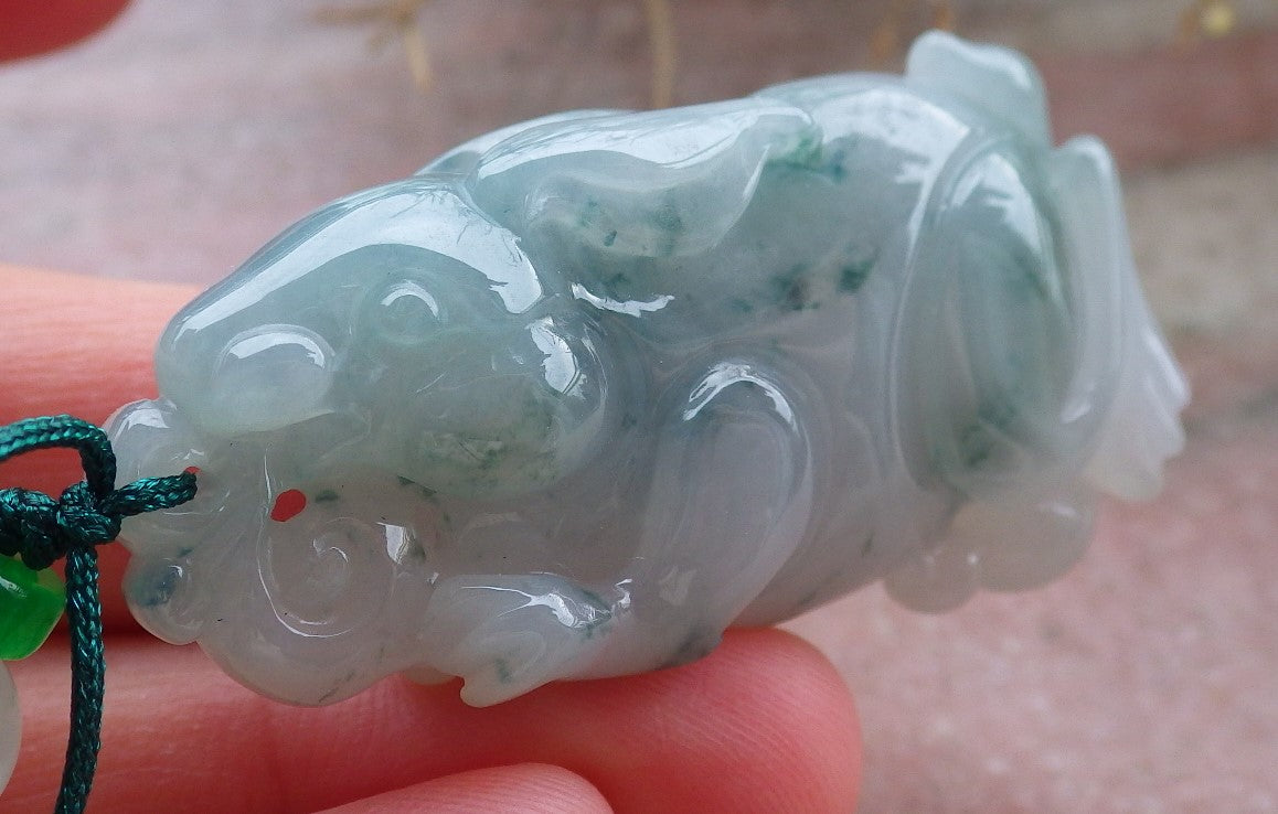 Certified Green Burma 100% Natural A Jade jadeite Pendant Rabbit Ruyi Bead Necklace 兔子 648216 TN