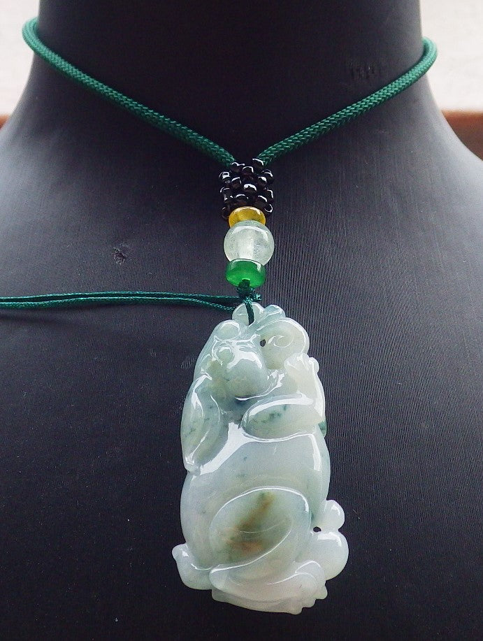 Certified Green Burma 100% Natural A Jade jadeite Pendant Rabbit Ruyi Bead Necklace 兔子 648216 TN