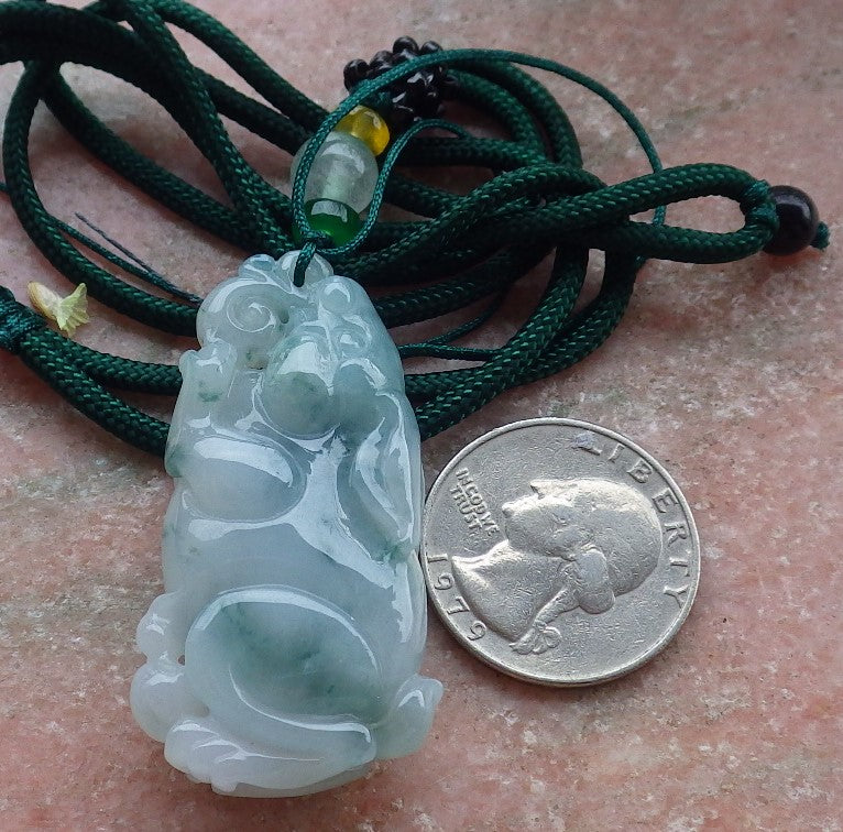 Certified Green Burma 100% Natural A Jade jadeite Pendant Rabbit Ruyi Bead Necklace 兔子 648216 TN
