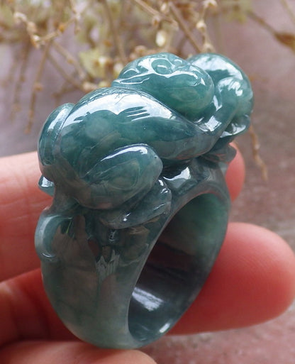 Certified Icy Green Burma 100% Natural A JADE Jadeite Monkey Peach RING USA. 9.25 戒指 648255 TN