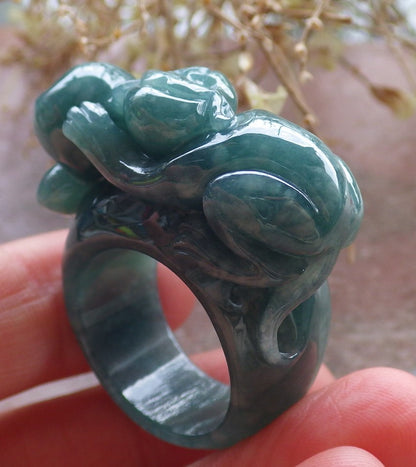 Certified Icy Green Burma 100% Natural A JADE Jadeite Monkey Peach RING USA. 9.25 戒指 648255 TN