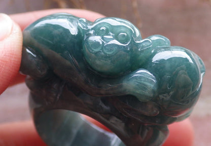 Certified Icy Green Burma 100% Natural A JADE Jadeite Monkey Peach RING USA. 9.25 戒指 648255 TN