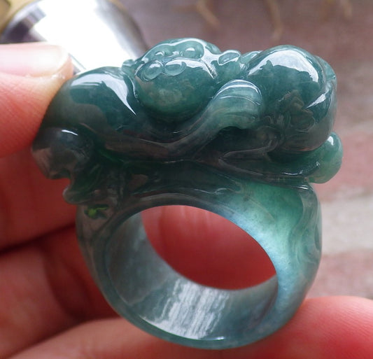 Certified Icy Green Burma 100% Natural A JADE Jadeite Monkey Peach RING USA. 9.25 戒指 648255 TN