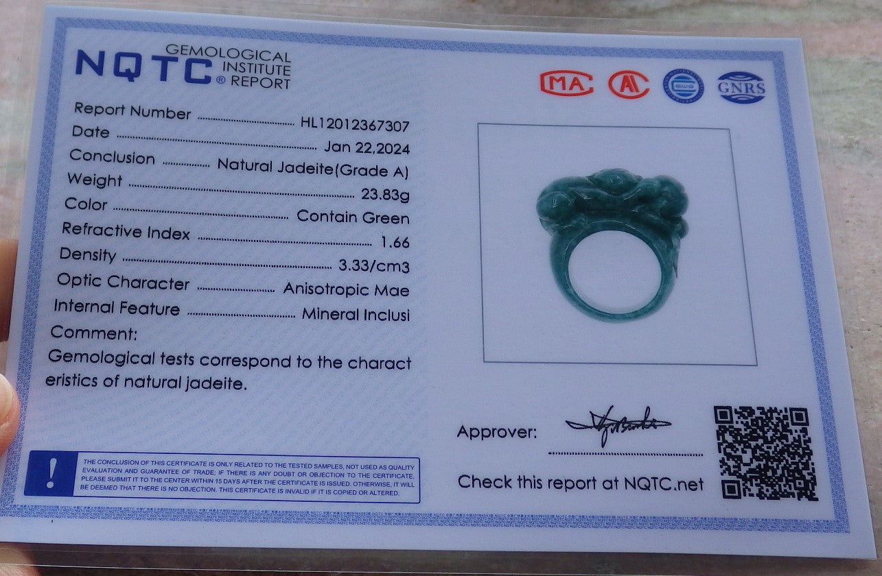 Certified Icy Green Burma 100% Natural A JADE Jadeite Monkey Peach RING USA. 9.25 戒指 648255 TN