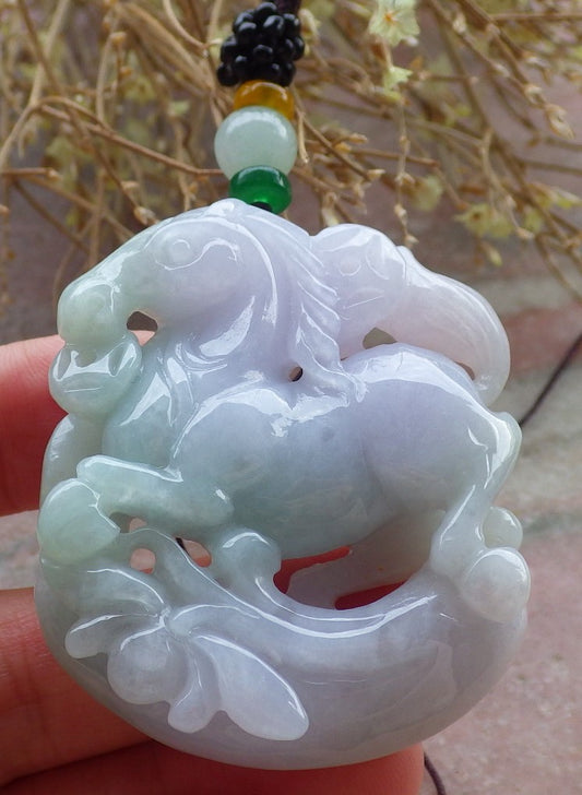 Certified Green Lavender Burma 100% Natural A Jade jadeite Pendant  Horse Money Coin Lotus Flower Necklace 马到功成 648280  TN