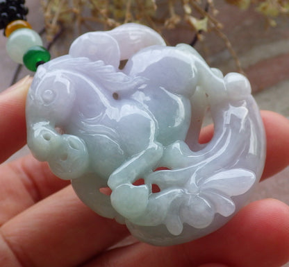 Certified Green Lavender Burma 100% Natural A Jade jadeite Pendant  Horse Money Coin Lotus Flower Necklace 马到功成 648280  TN