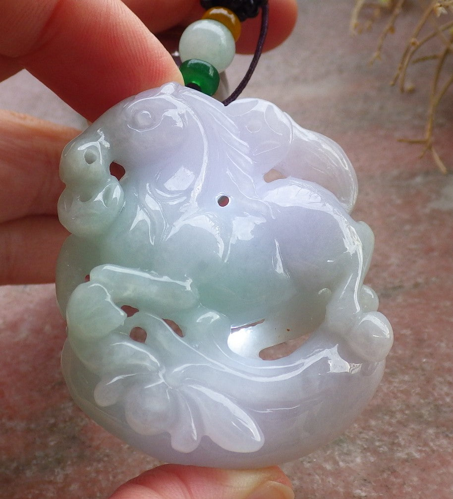 Certified Green Lavender Burma 100% Natural A Jade jadeite Pendant  Horse Money Coin Lotus Flower Necklace 马到功成 648280  TN