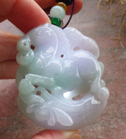 Certified Green Lavender Burma 100% Natural A Jade jadeite Pendant  Horse Money Coin Lotus Flower Necklace 马到功成 648280  TN