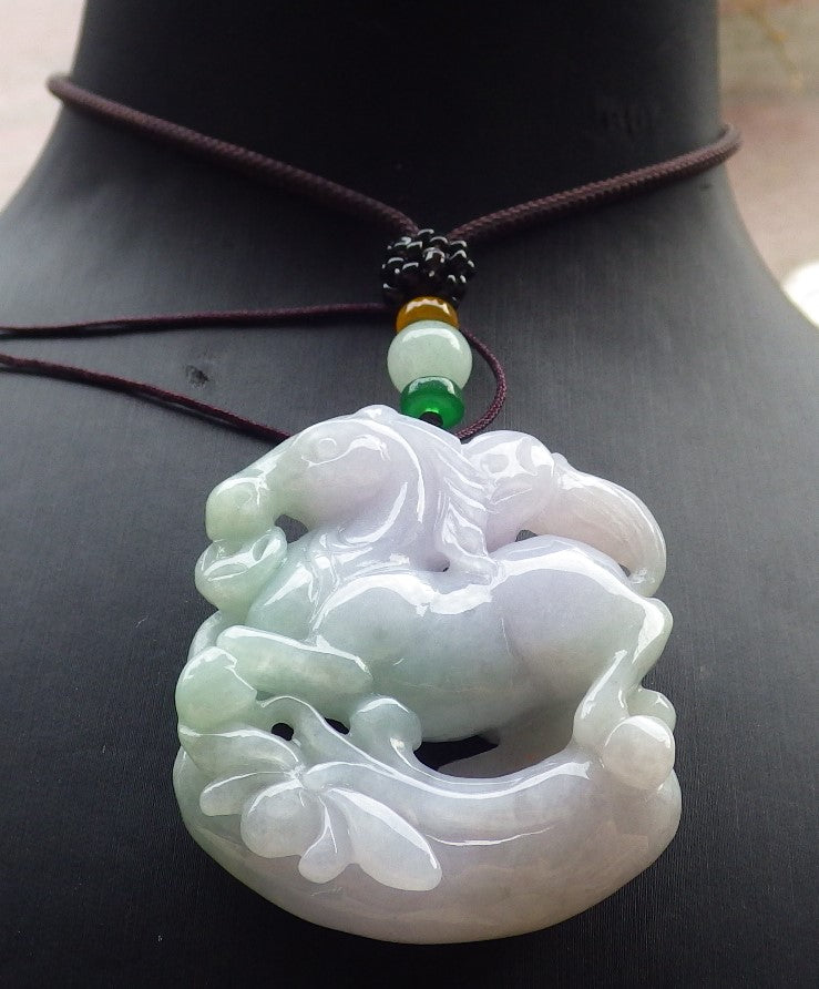 Certified Green Lavender Burma 100% Natural A Jade jadeite Pendant  Horse Money Coin Lotus Flower Necklace 马到功成 648280  TN
