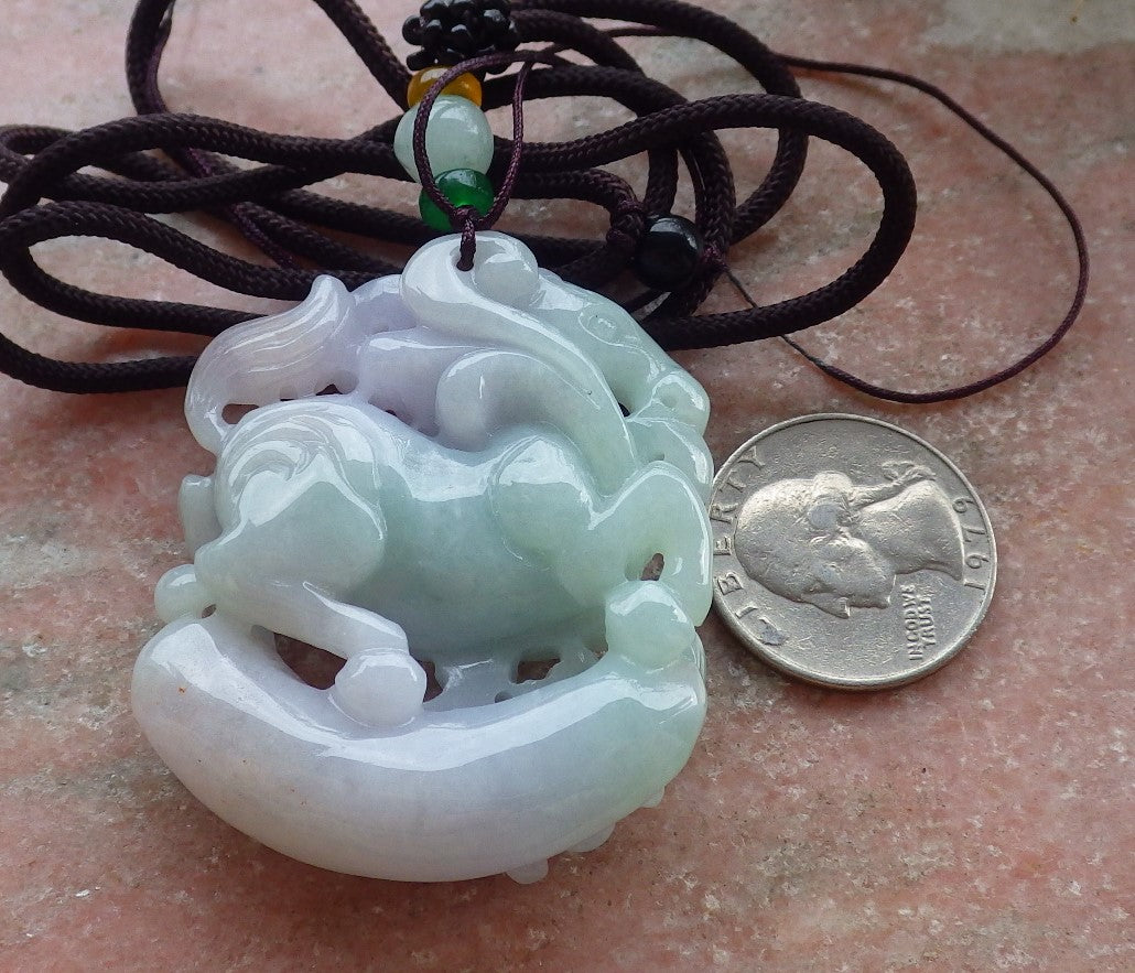 Certified Green Lavender Burma 100% Natural A Jade jadeite Pendant  Horse Money Coin Lotus Flower Necklace 马到功成 648280  TN