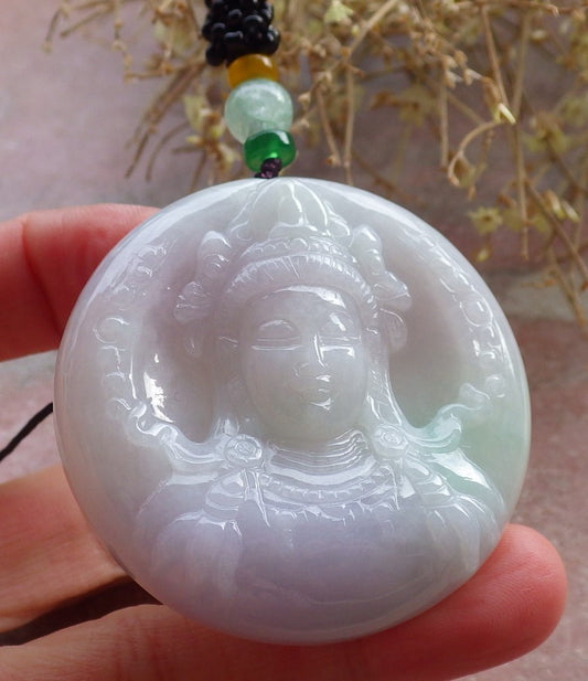 Certified Lavender Green Burma 100% Natural A Jade jadeite Pendant Guanyin Kwan Yin Necklace 观音 648319 TN