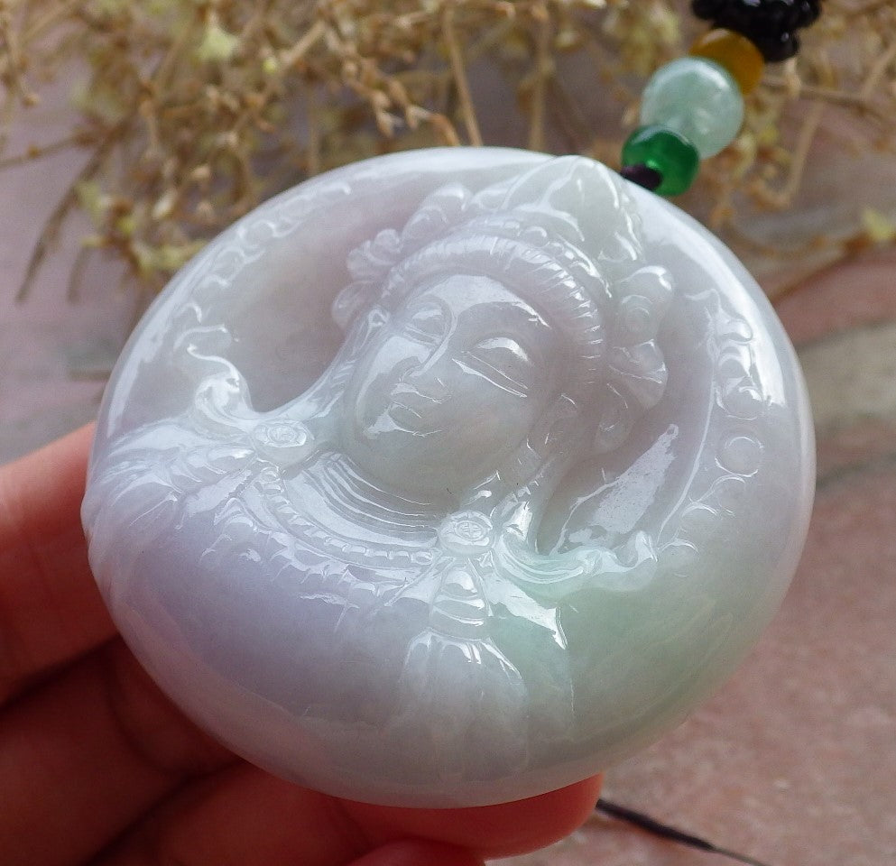 Certified Lavender Green Burma 100% Natural A Jade jadeite Pendant Guanyin Kwan Yin Necklace 观音 648319 TN