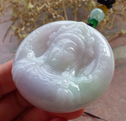 Certified Lavender Green Burma 100% Natural A Jade jadeite Pendant Guanyin Kwan Yin Necklace 观音 648319 TN