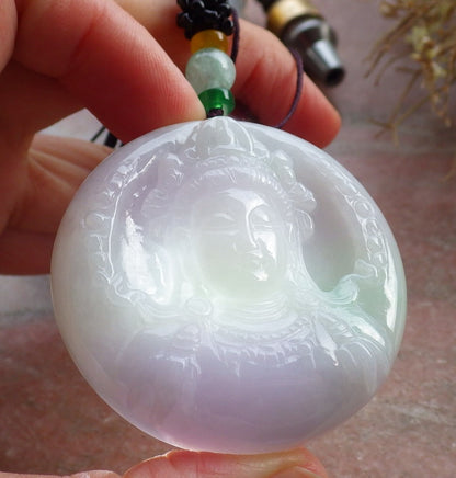 Certified Lavender Green Burma 100% Natural A Jade jadeite Pendant Guanyin Kwan Yin Necklace 观音 648319 TN