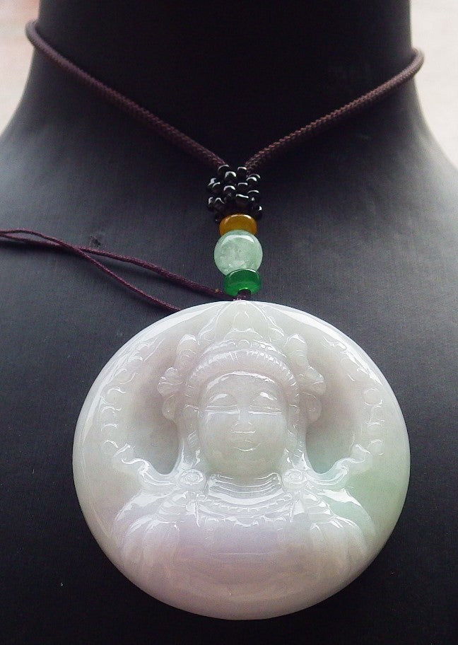 Certified Lavender Green Burma 100% Natural A Jade jadeite Pendant Guanyin Kwan Yin Necklace 观音 648319 TN