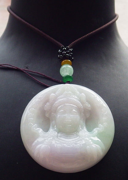 Certified Lavender Green Burma 100% Natural A Jade jadeite Pendant Guanyin Kwan Yin Necklace 观音 648319 TN