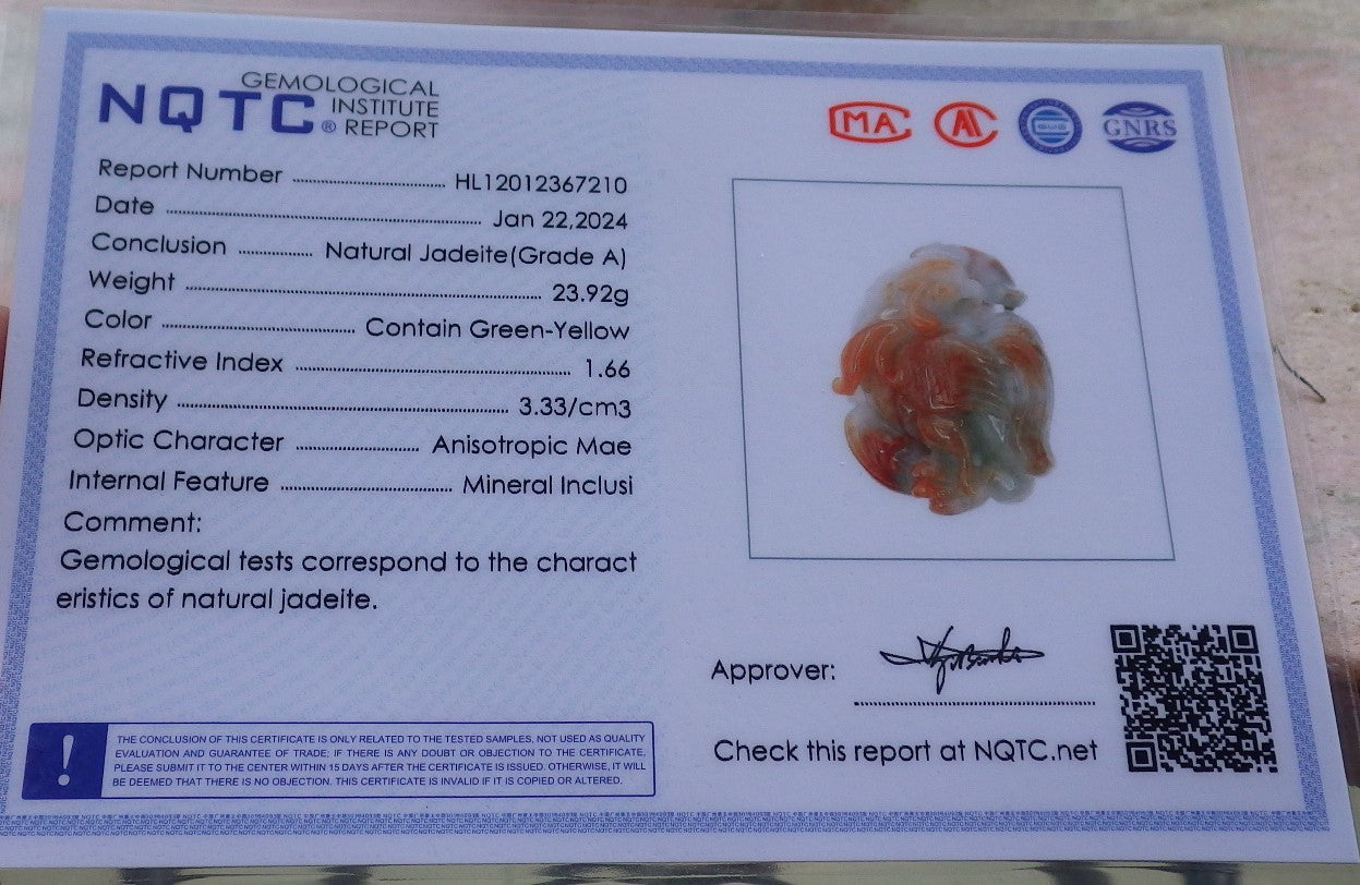 Certified Red Burma 100% Natural A Jade jadeite Pendant Phoenix Rooster Yuan Bao Necklace 招财鸡 648329 TN