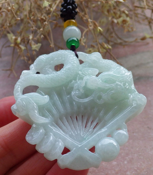 Certified Green Burma 100% Natural A Jade jadeite Pendant Dragon Coin Fan Necklace 风生水起 648374 TN