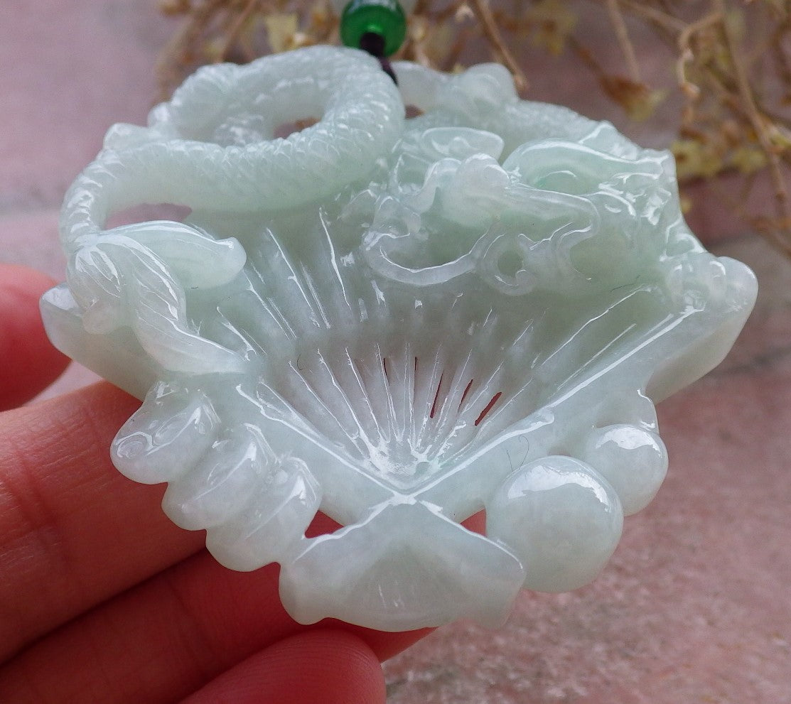 Certified Green Burma 100% Natural A Jade jadeite Pendant Dragon Coin Fan Necklace 风生水起 648374 TN